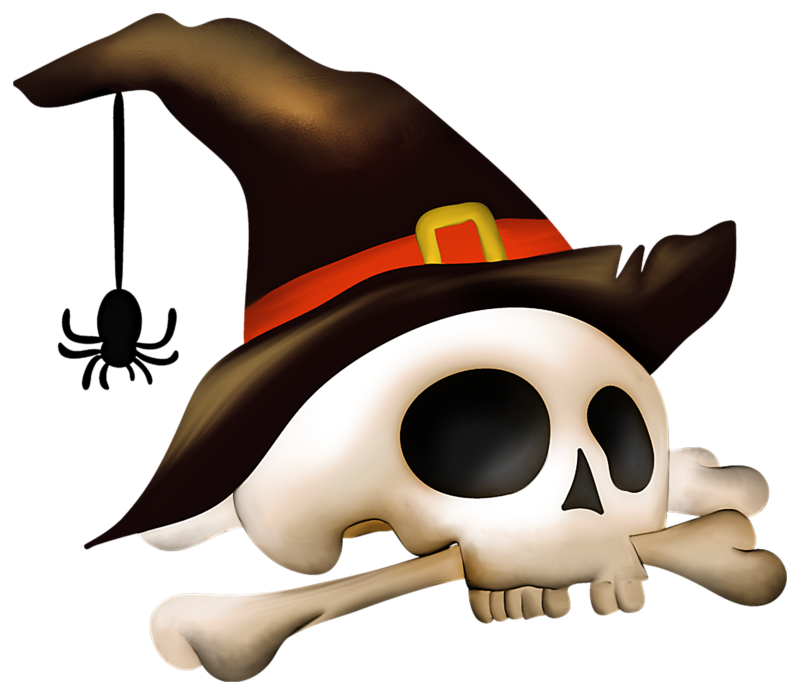 Halloween_Skull_with_Bone_and_Witch_Hat_Clipart.png