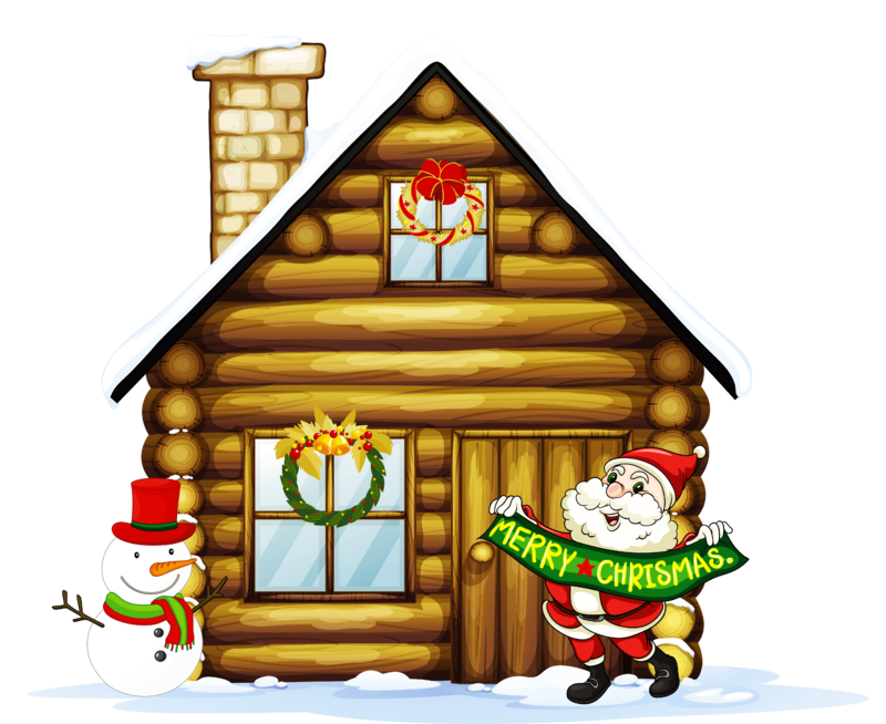 Transparent_Christmas_House_with_Santa_and_Snowman_Clipart.png